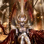 Comic-style avatar featuring a powerful, horned female figure with glowing eyes and metallic armor, inspired by Witchblade, surrounded by dark, fiery elements and twisted branches.