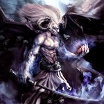 Dark fantasy warrior with white hair and glowing eyes, wielding magical energy, exuding power and mystique in a fierce, otherworldly battle-ready pose.