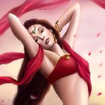 Fantasy-themed forum avatar of a confident woman with flowing dark hair and red attire, set against a soft pink background with floating petals.