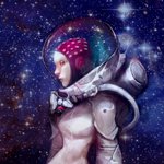 Sci-fi styled avatar of a woman in a futuristic space suit with a transparent helmet, set against a starry cosmic background.