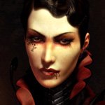 Fantasy-themed avatar of a woman with pale skin, dark hair, and red accents, featuring a mysterious and intense expression for a forum profile photo.