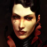 Fantasy-themed avatar of a woman with pale skin, dark hair, and red accents, featuring a mysterious and intense expression for a forum profile photo.