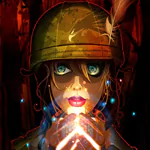 Fantasy-themed forum avatar of a woman wearing a glowing helmet, with intense eyes and luminous hands, set against a dark, mystical background.