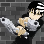 Forum avatar/pfp: anime Soul Eater character aiming twin pistols at the viewer in front of a brick wall.