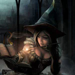 A fantasy-themed avatar depicts a witch, dressed in mystical attire and casting a spell from an ancient book, set against a dark, magical backdrop.
