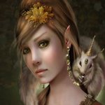 Fantasy-themed avatar of a serene elf with golden flowers in her hair and a small mystical unicorn perched on her shoulder, set against a dark, textured background.