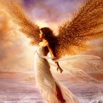 Fantasy-themed avatar depicting an angel with large golden wings standing over a serene water surface, bathed in warm, glowing light.
