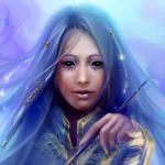 A fantasy-themed avatar featuring a woman with flowing blue hair and an ethereal aura, set against a soft, pastel background.