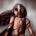 Fantasy-themed avatar of a woman with long flowing hair and intricate, dark, vine-like patterns wrapping around her back, creating a mystical and ethereal appearance.