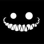Black background with a minimalistic white Cheshire Cat smile and eyes from Alice in Wonderland, used as a fantasy-themed forum avatar/profile photo.