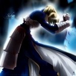 Forum avatar of Saber (Artoria Pendragon) from Fate/Stay Night, kneeling with sword and a glowing blue aura against a dark, stormy background.