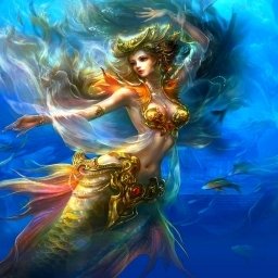 Fantasy mermaid pfp: golden-armored mermaid with flowing hair and iridescent tail swimming through luminous blue depths.