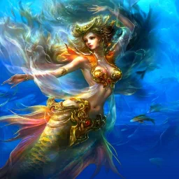 Fantasy mermaid pfp: golden-armored mermaid with flowing hair and iridescent tail swimming through luminous blue depths.