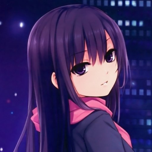 Forum avatar/pfp of an anime girl: long purple hair and matching purple eyes, dark jacket with pink scarf, looking over her shoulder against a city-night background.