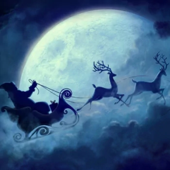 Christmas forum avatar/pfp: silhouette of Santa in a sleigh pulled by reindeer flying across a large full moon above a cloudy night sky.