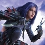 Fantasy-themed forum avatar depicting a fierce woman with blue hair, clad in dark armor, holding a dagger against a cloudy sky background.