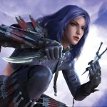 Fantasy-themed forum avatar depicting a fierce woman with blue hair, clad in dark armor, holding a dagger against a cloudy sky background.