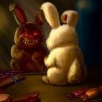 Dark horror forum avatar: a white plush bunny pfp stares into a mirror that reflects a sinister red‑eyed brown twin; scissors and fabric scraps litter the tabletop.
