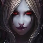 A close-up profile photo of a World of Warcraft character with pale skin, red eyes, and long, flowing blonde hair.