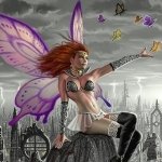 Fantasy fairy forum avatar/pfp: red-haired winged woman in armor perched on a rooftop gargoyle, butterflies drifting over a foggy Gothic city skyline.