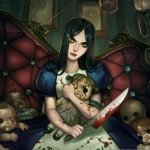 Forum avatar/pfp of Alice from the video game Alice: Madness Returns — dark Alice in a blue dress holds a bloodied knife and a ragged teddy amid scattered, damaged dolls.