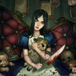Forum avatar/pfp of Alice from the video game Alice: Madness Returns — dark Alice in a blue dress holds a bloodied knife and a ragged teddy amid scattered, damaged dolls.