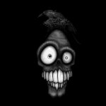 Dark, eerie face with wide, intense eyes and a large, unsettling grin, creating a striking and haunting forum avatar.