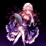 Anime Touhou forum avatar of a frilly purple-dressed girl in a white mob cap, holding a folding fan against a dark, glowing purple background.