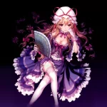 Anime Touhou forum avatar of a frilly purple-dressed girl in a white mob cap, holding a folding fan against a dark, glowing purple background.