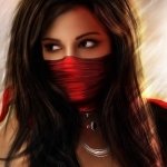 Fantasy-themed forum avatar of a woman with dark hair, wearing a red face covering and a layered necklace, set against a softly lit background.