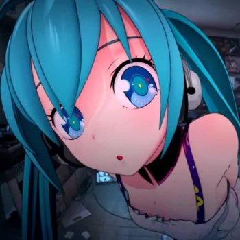 Close-up anime pfp/forum avatar of Hatsune Miku (Vocaloid): teal twin-tails, large blue eyes, wearing headphones and a choker, leaning forward with a curious, surprised expression.