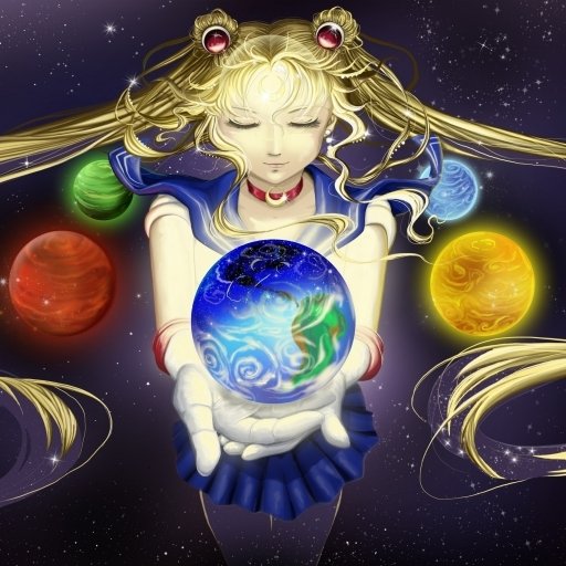 Forum avatar — anime Sailor Moon with closed eyes, offering a glowing Earth-like orb, flanked by colorful planetary orbs and flowing hair against a starry cosmic background.