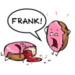 A funny food-themed forum avatar featuring a shocked pink-frosted donut yelling FRANK! at a bitten jelly-filled donut.