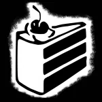 High-contrast black-and-white avatar of a stylized cake slice with a cherry — a Portal-themed forum/profile image referencing the game's iconic cake.