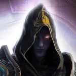 A dark angel with glowing eyes in a hooded cloak, used as a forum avatar/profile photo.
