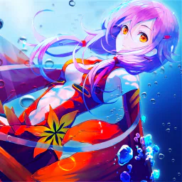 Inori Yuzuriha (Guilty Crown) anime avatar: pink-haired girl with golden eyes, flowing red ribboned outfit and hair, surrounded by bubbles over a blue watery background.