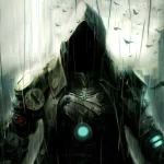 Forum avatar/profile photo of a hooded figure standing in the rain with glowing blue accents from the video game Silent Plot 1.