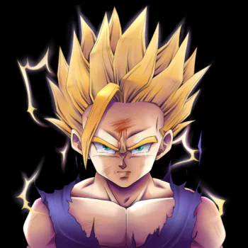 Anime Dragon Ball forum avatar/profile photo: Super Saiyan with golden spiky hair, teal eyes, torn purple gi and crackling lightning aura on a black background.
