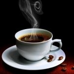 Steaming cup of black coffee on a white saucer with coffee beans scattered nearby, used as a forum profile avatar.