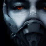 A dark sci-fi themed forum avatar featuring a person with ominous red eyes and a futuristic mask covering their face.