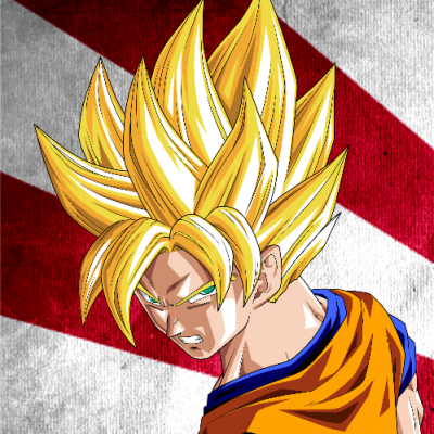 Anime-style avatar featuring a fierce Dragon Ball character with spiky golden hair and an orange and blue outfit against a red and white diagonal striped background.