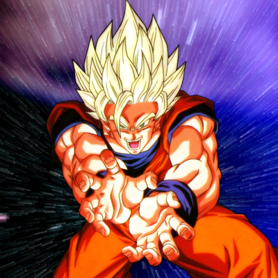 Dragon Ball anime forum avatar: Super Saiyan Goku in orange gi, roaring as he charges a bright energy blast against a streaked purple-and-black cosmic background.