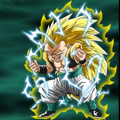 Anime-style Dragon Ball avatar shows a powerful character with spiky blond hair surrounded by glowing yellow aura and blue electricity, exuding intense energy and strength.