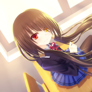 Anime-style avatar of Kurumi Tokisaki from Date A Live, featuring long brown hair and a school uniform, set in a softly lit classroom background.