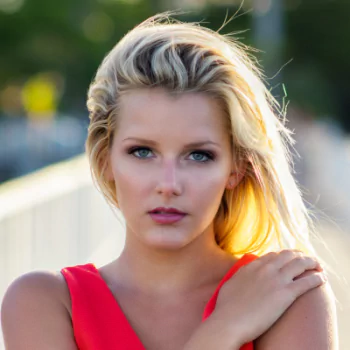 outdoor blue eyes red dress blonde model woman PFP