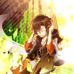 Forum avatar: anime-style portrait of a brown-haired Zetsuen no Tempest character with headphones, eyes closed, orange-lined jacket, bright abstract background.
