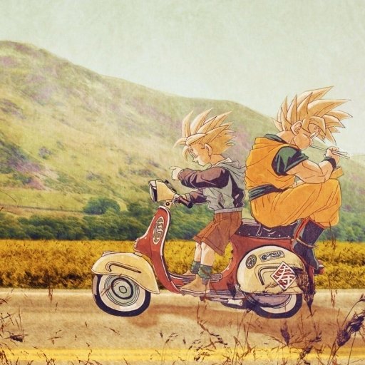 Anime Dragon Ball forum avatar/pfp showing two Super Saiyan characters riding a vintage scooter across a sunlit countryside.