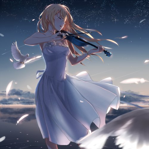 Forum avatar anime-style of Kaori Miyazono (Your Lie in April): long-haired girl in a flowing white dress playing violin beneath a starlit sky, feathers and doves drifting around.