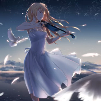 Forum avatar anime-style of Kaori Miyazono (Your Lie in April): long-haired girl in a flowing white dress playing violin beneath a starlit sky, feathers and doves drifting around.