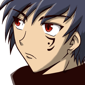 Original digital art of a male anime-style avatar with spiky black hair and intense red eyes for a profile picture.